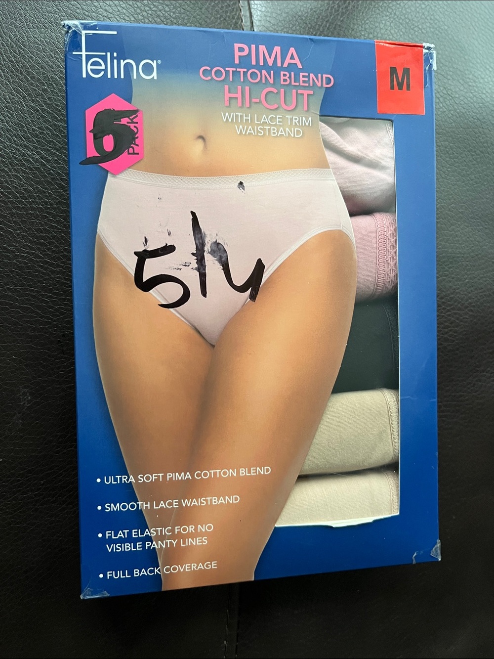 Pima Cotton Blend Hi-Cut with Lace Trim Waist Band 5-Pack by Felina